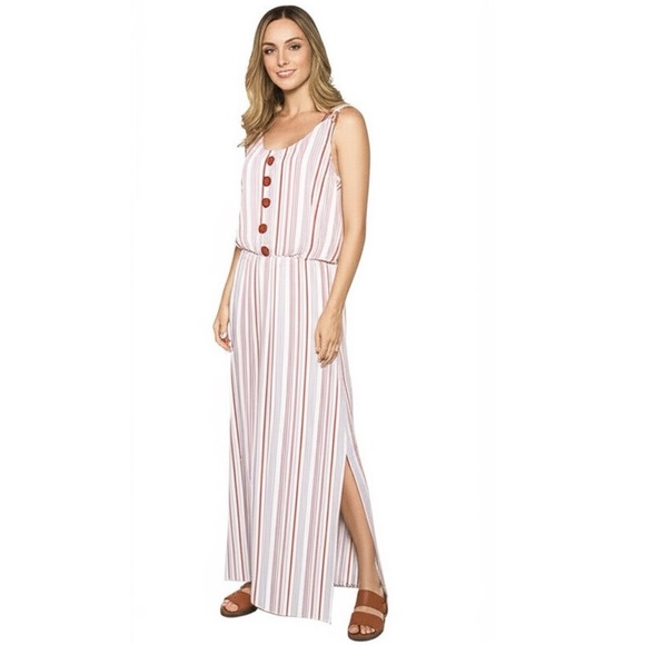 Derek Heart Womens Slit Maxi Dress Sleeveless Button Light Knit Stripe Sz Large - Picture 1 of 11